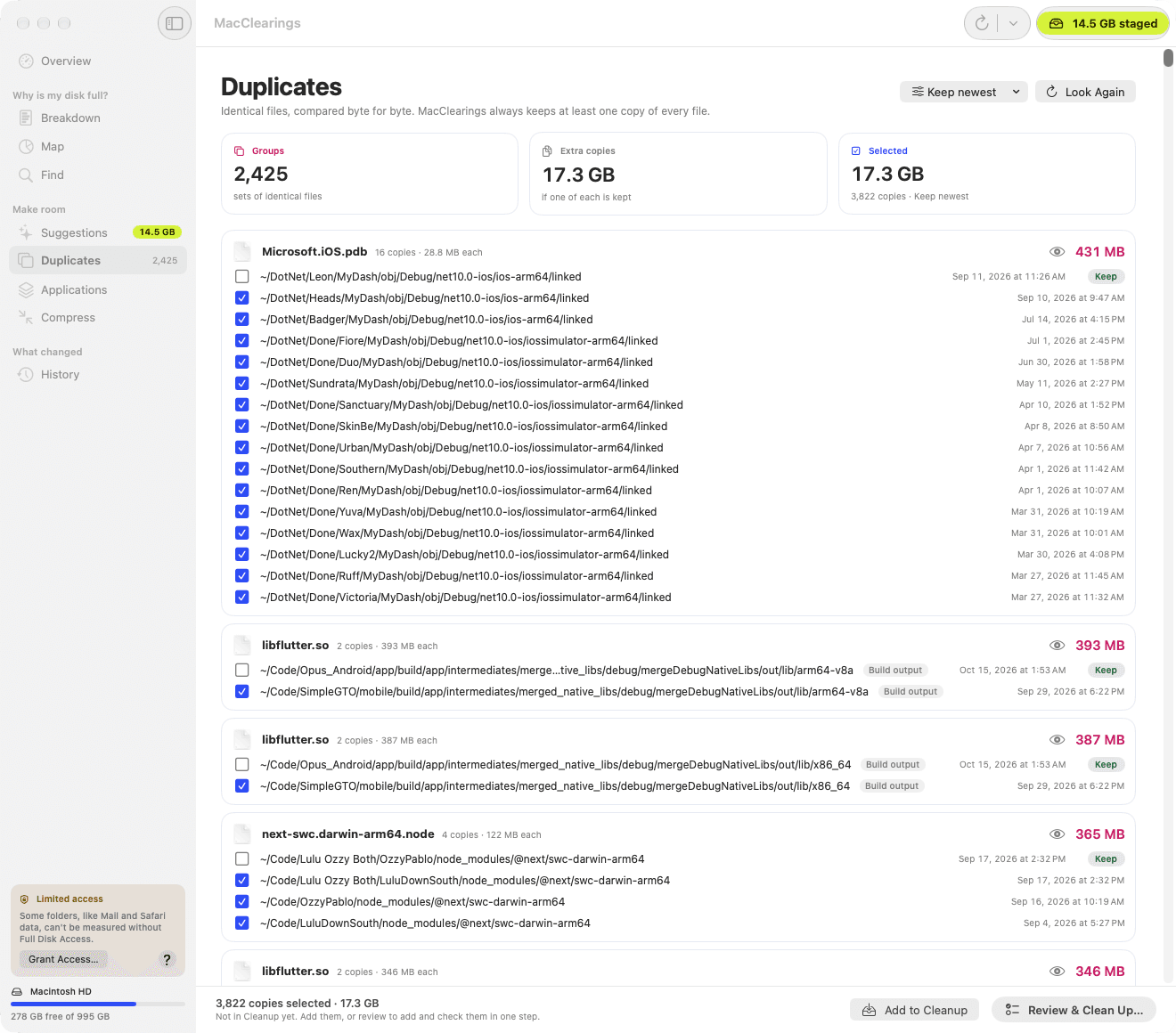 MacClearings Duplicates: 2,425 groups of identical files holding 17.3 GB of extra copies, with the newest copy in each group marked Keep and build output tagged.