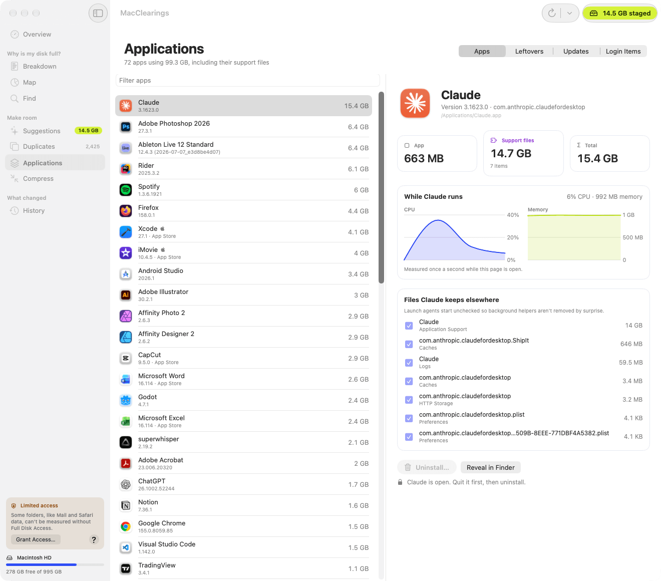 MacClearings Applications: 72 apps using 99.3 GB including their support files, with an inspector showing one app's size, its CPU and memory while it runs, and the files it keeps elsewhere.