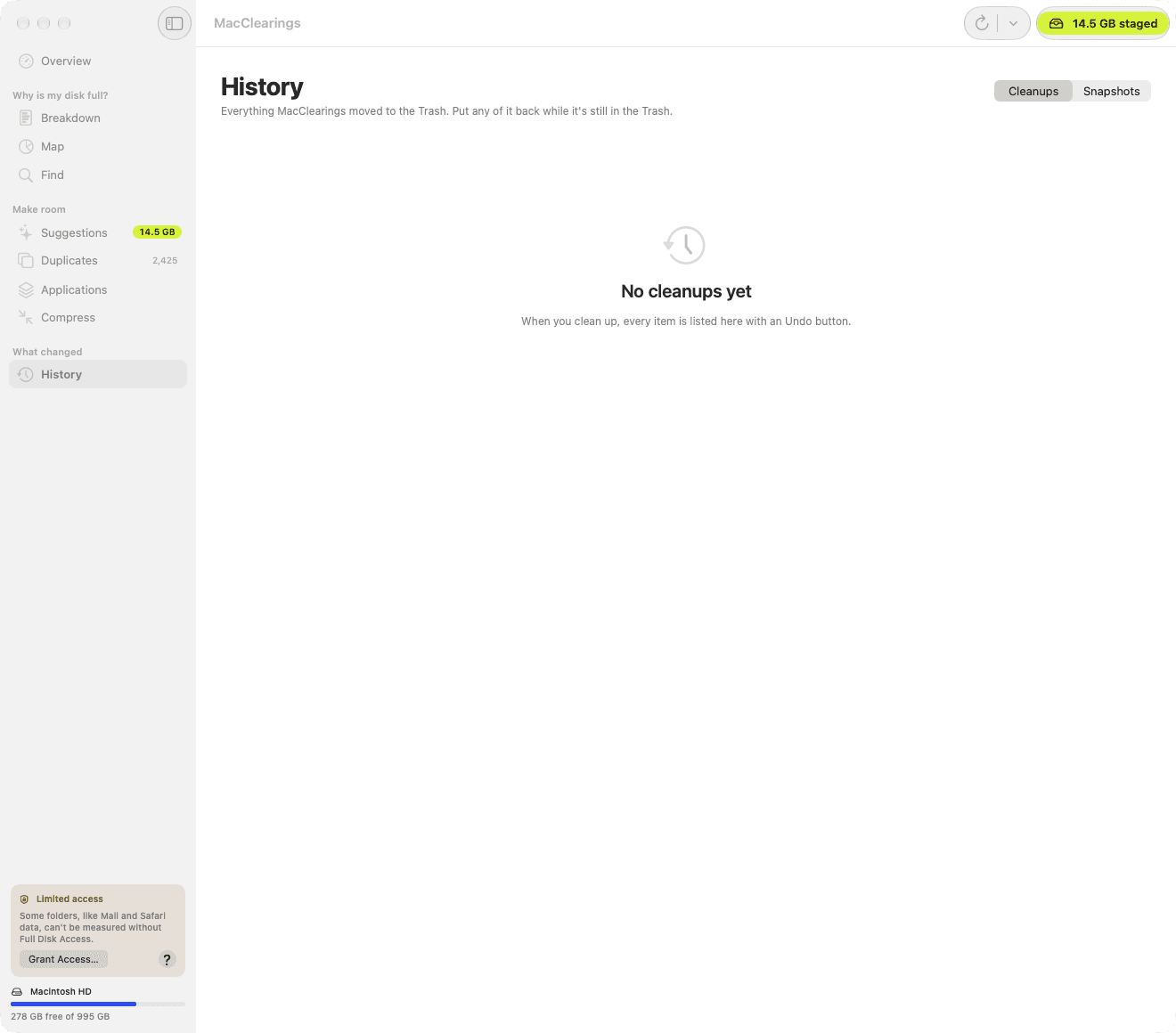 MacClearings History before any cleanup: every cleanup will be listed here with an Undo button.