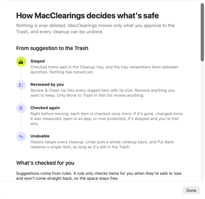 MacClearings Help: how MacClearings decides what's safe, from staged, to reviewed by you, to checked again, to undoable.