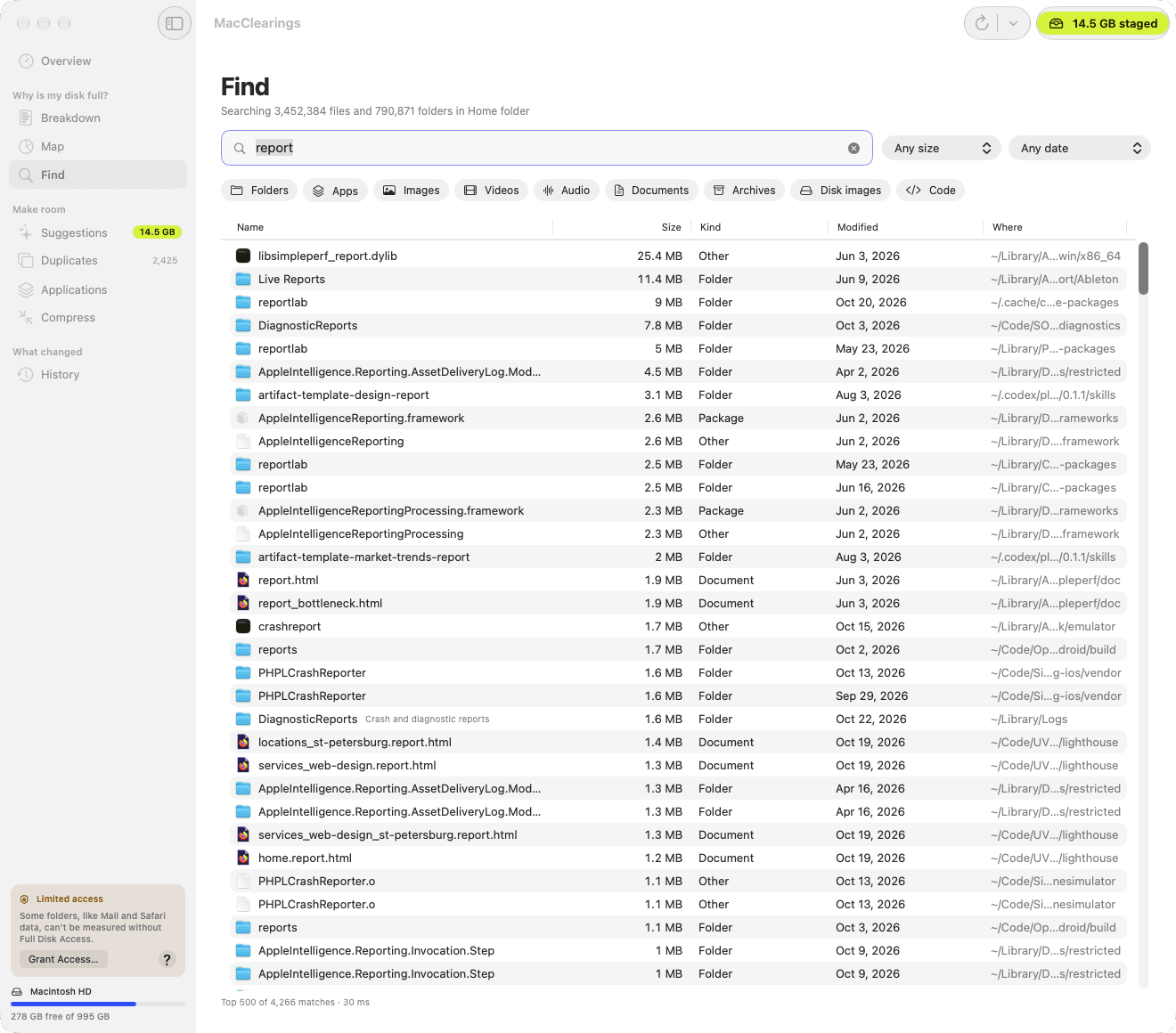 MacClearings Find: a search for "report" across 3.4 million scanned files, with kind, size and date filters and 4,266 matches found in 30 ms.