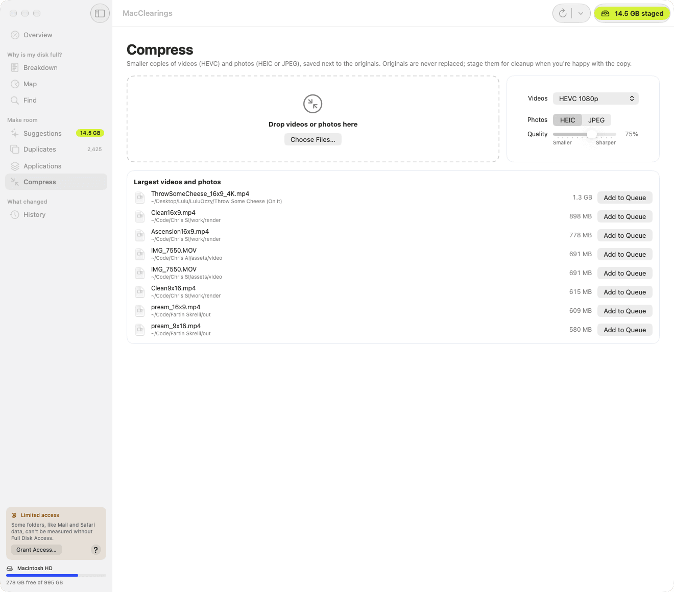 MacClearings Compress: a drop area for videos and photos, HEVC and HEIC settings, and the largest videos on the Mac ready to add to the queue.